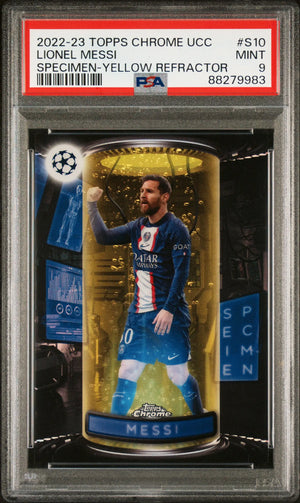 2022-23 Topps Chrome UEFA CC Specimen Lionel Messi Yellow Refractor /125 PSA 9 