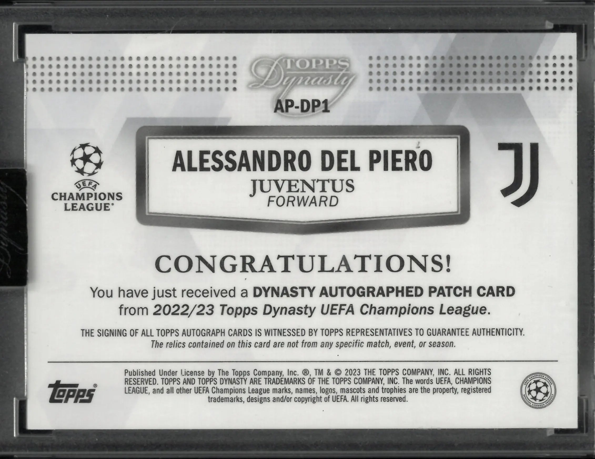 2022/23 Topps Dynasty UEFA CL Patch Autograph Alessandro Del Piero Auto /10 