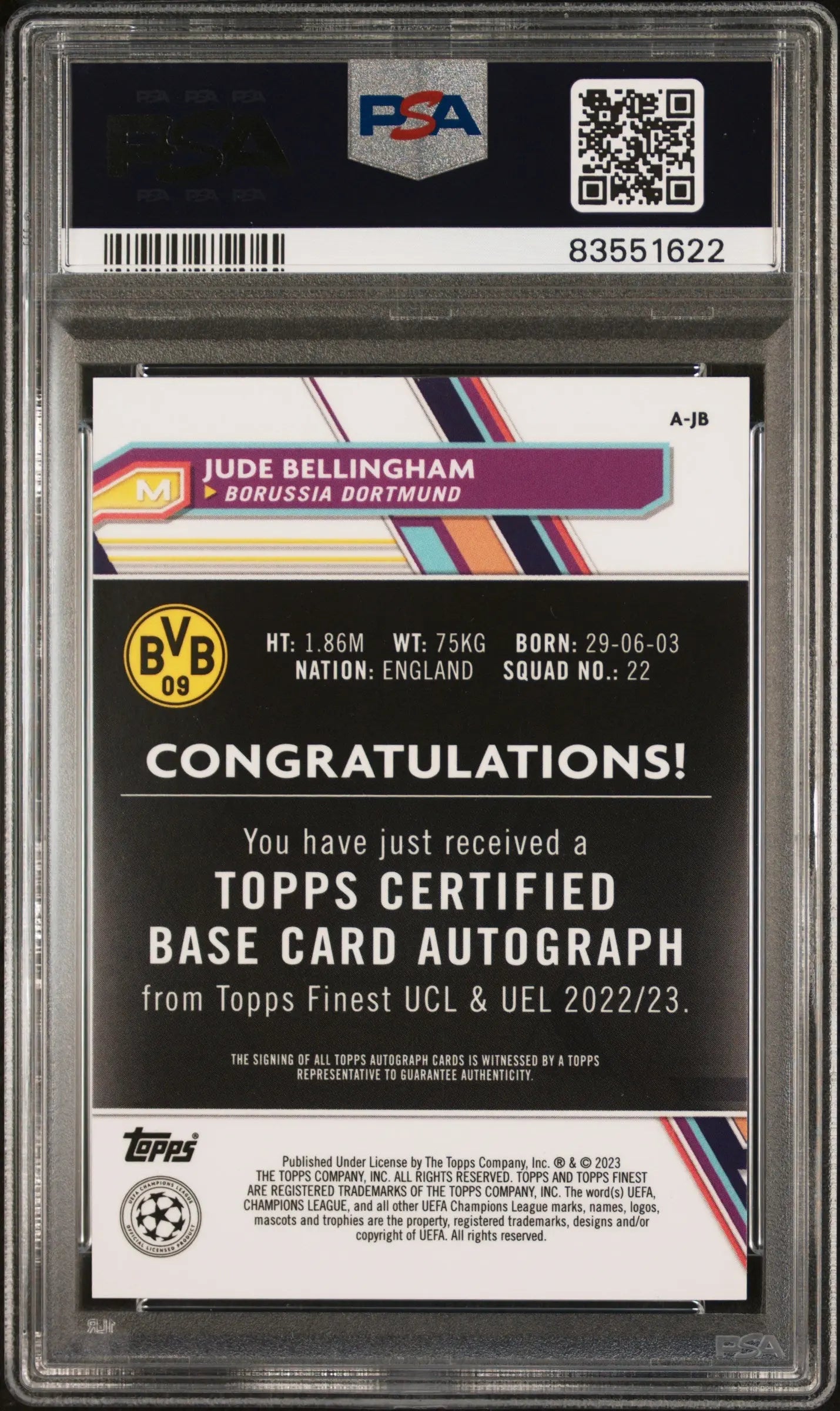 2022-23 Topps Finest UCC Auto Jude Bellingham Orange Refractor /25 PSA 10 