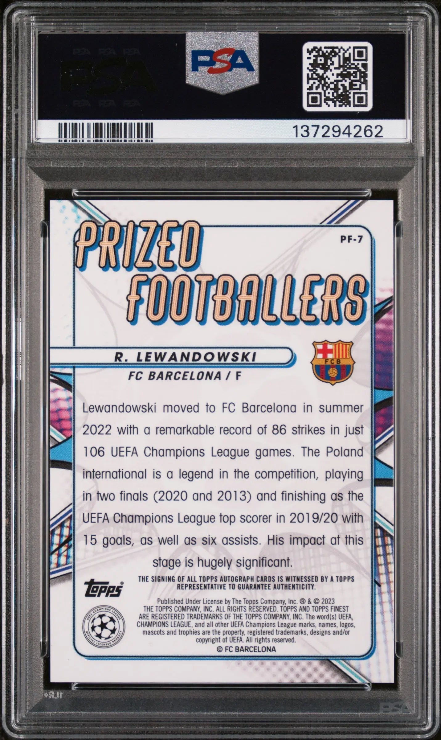 2022-23 Topps Finest UCC Prized Footballers Auto Robert Lewandowski /154 PSA 9 