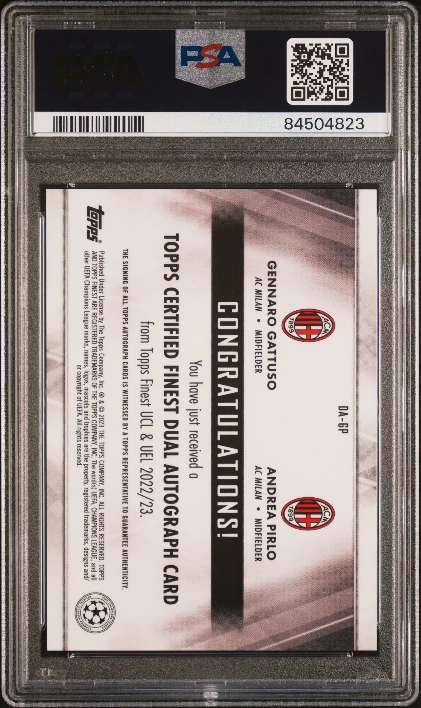 2022-23 Topps Finest UEFA CC Red Refractor Dual Auto Gattuso Pirlo /5 PSA 10 