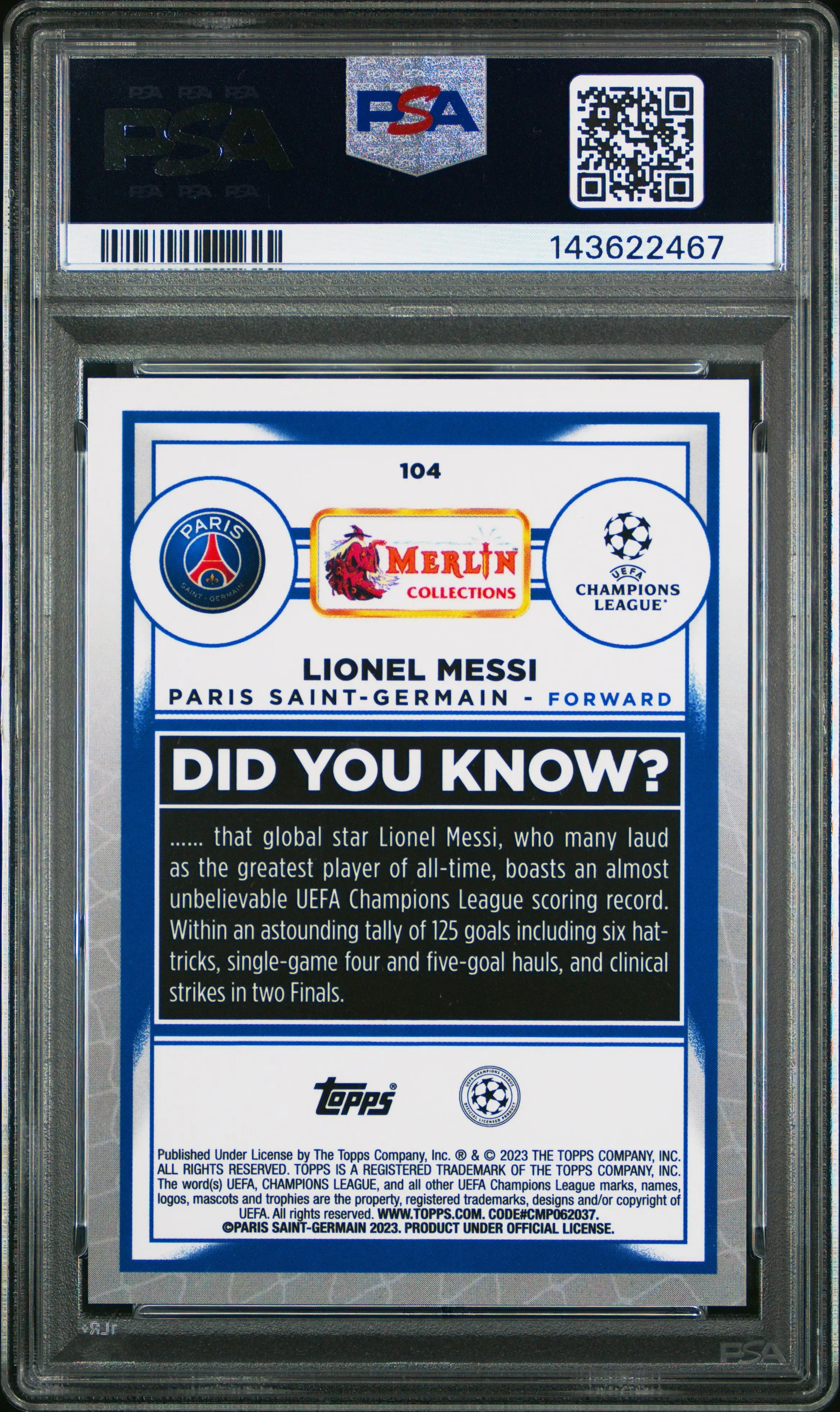 2022-23 Topps Merlin Chrome UEFA Club Competitions Lionel Messi #104 PSA 10 