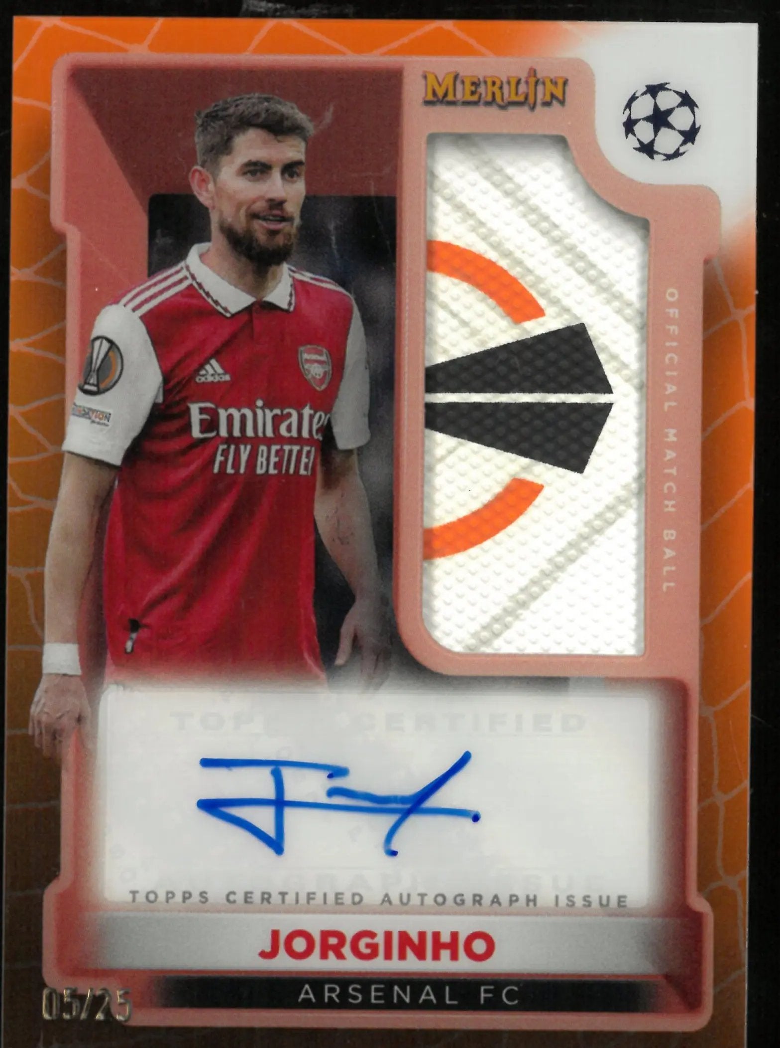 2022-23 Topps Merlin UCC Jorginho Orange Match Ball Signatures Auto /25 