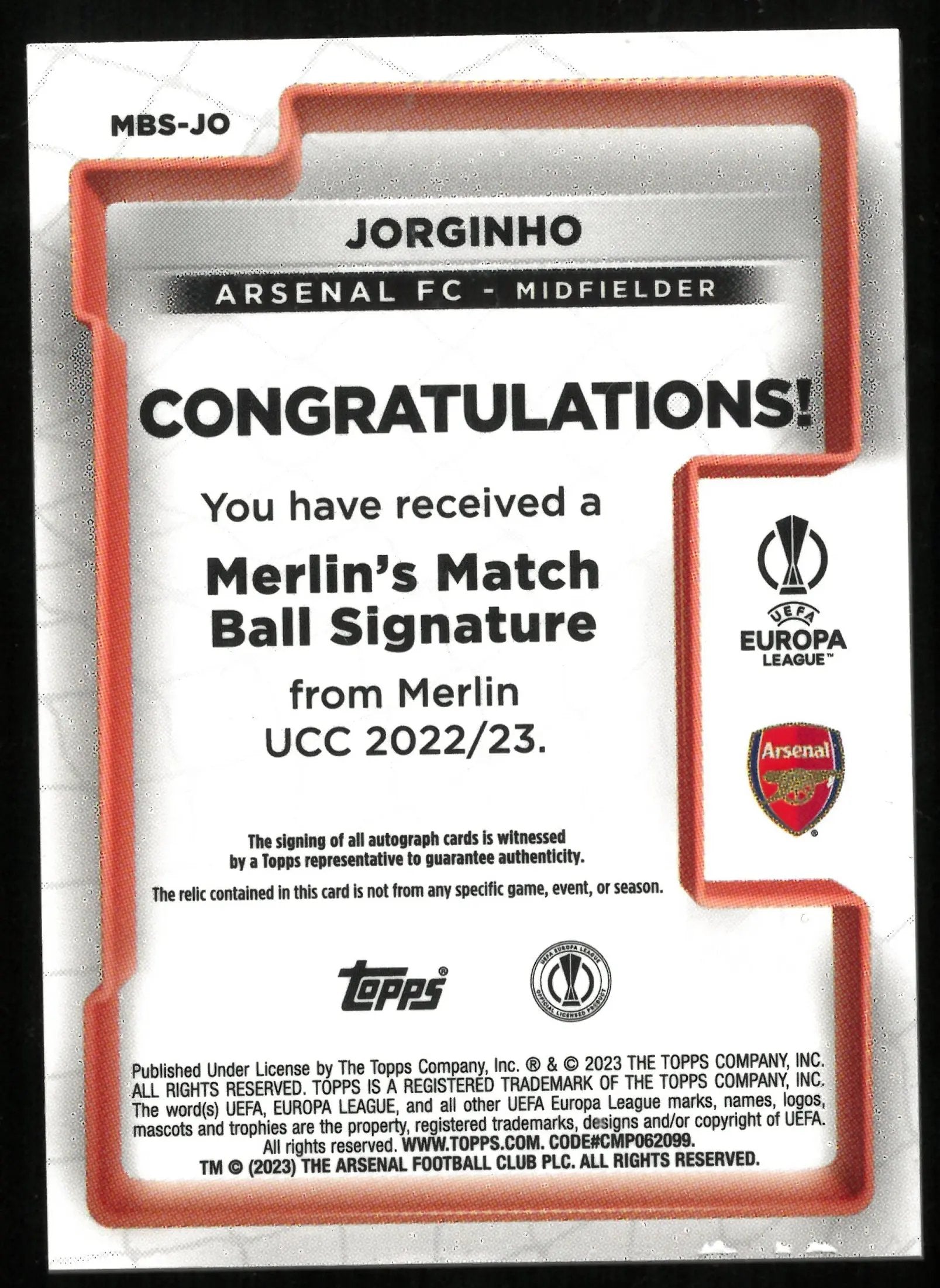 2022-23 Topps Merlin UCC Jorginho Orange Match Ball Signatures Auto /25 