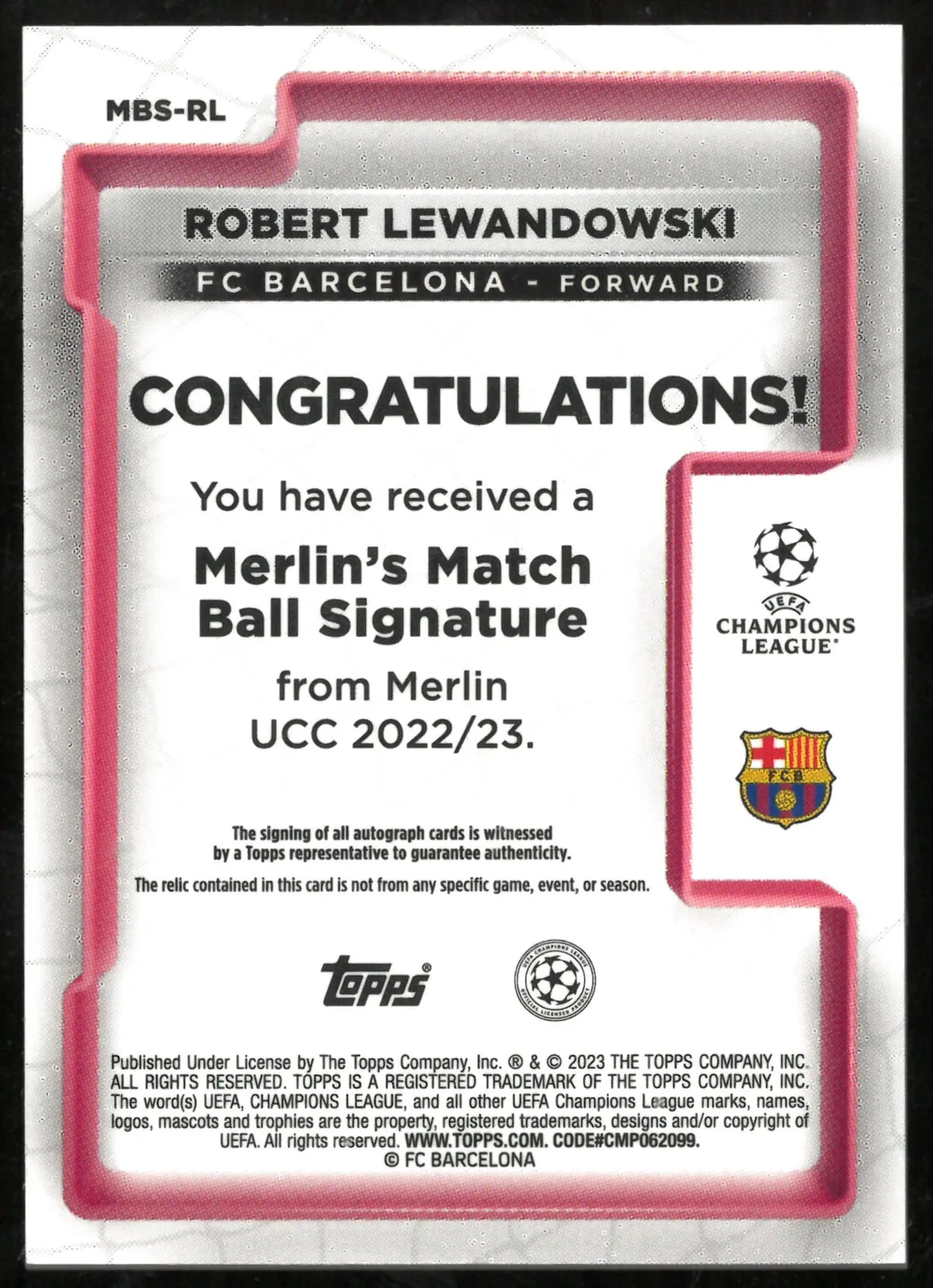 2022-23 Topps Merlin UCC Match Ball Red Signature Auto Robert Lewandowski /10 