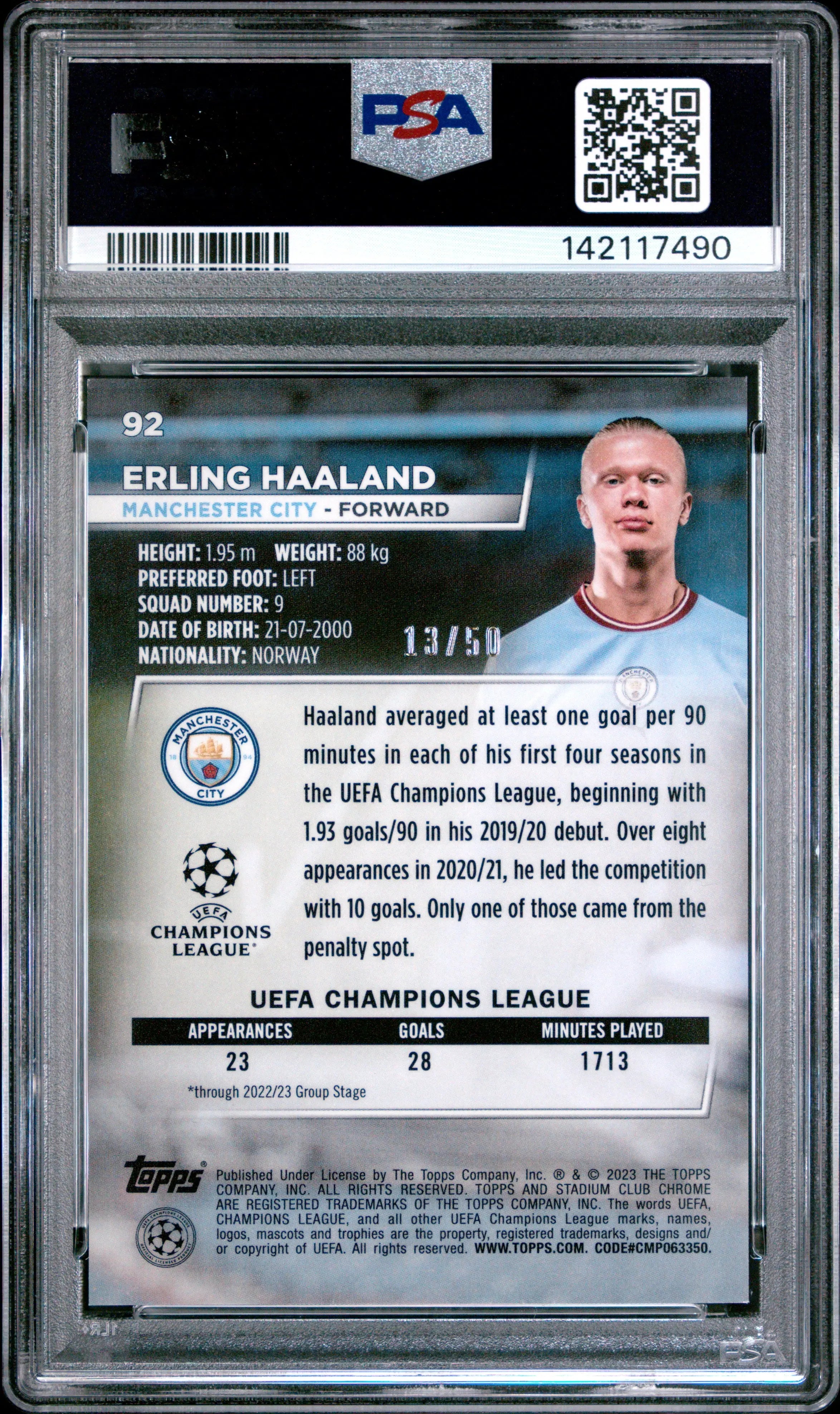 2022-23 Topps Stadium Chrome UCC Erling Haaland Gold Prism Refractor PSA 9 /50 