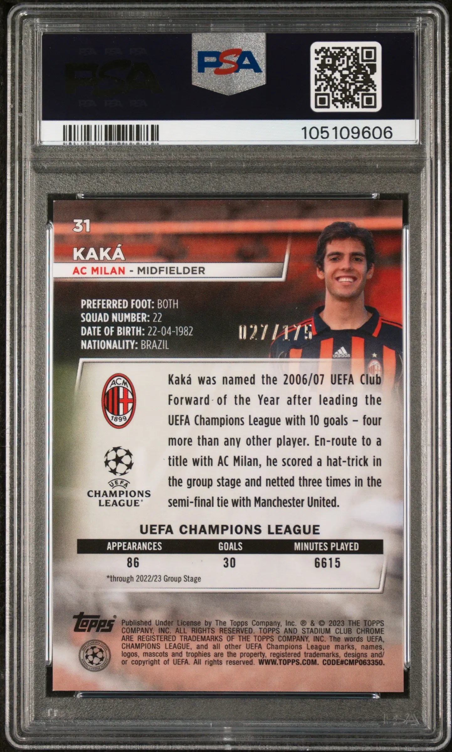 2022-23 Topps Stadium Club Chrome UCC Kaka Neon Green X Fractor PSA 10 /175 