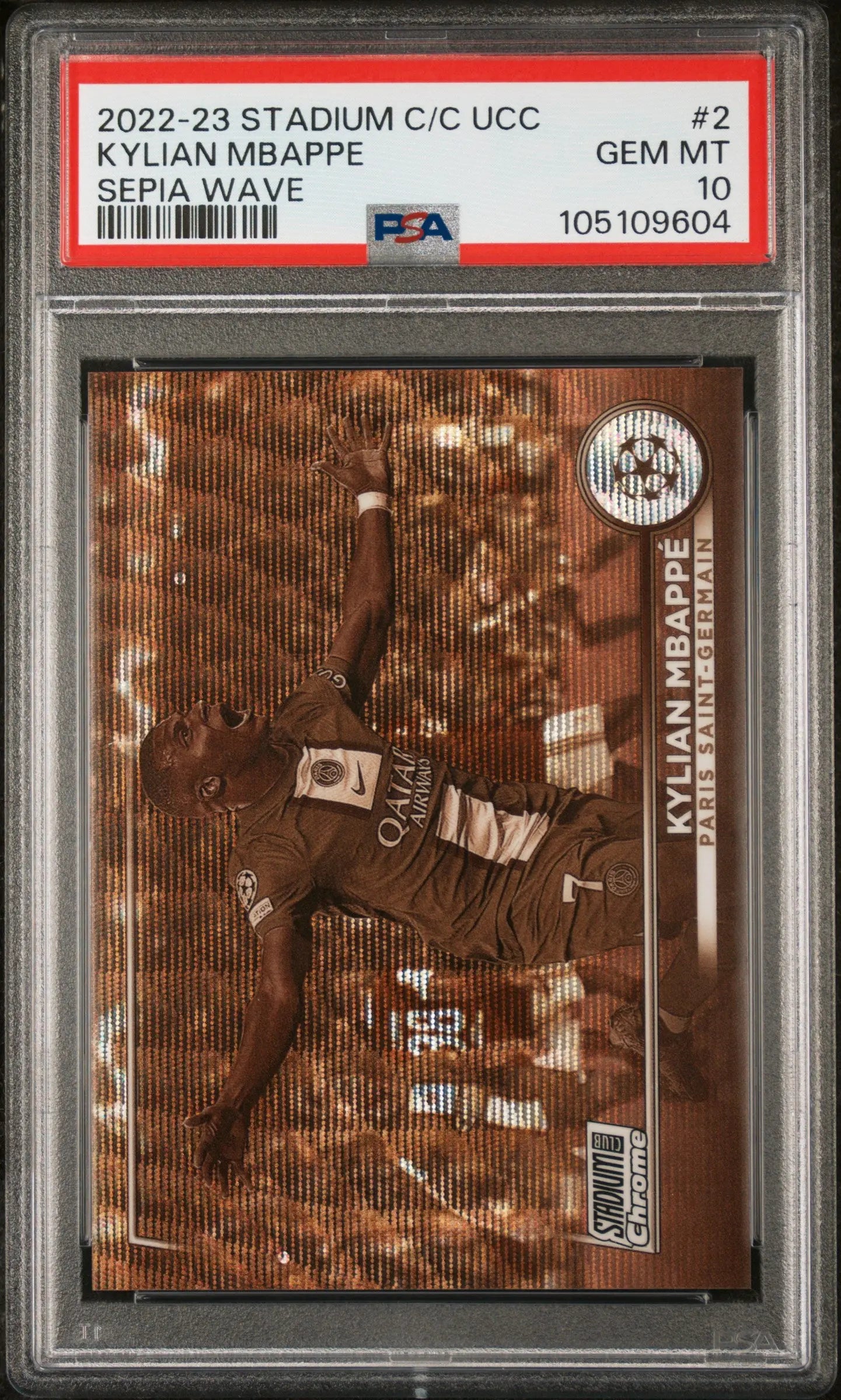 2022-23 Topps Stadium Club Chrome UCC Kylian Mbappe Sepia Wave PSA 10 /75 