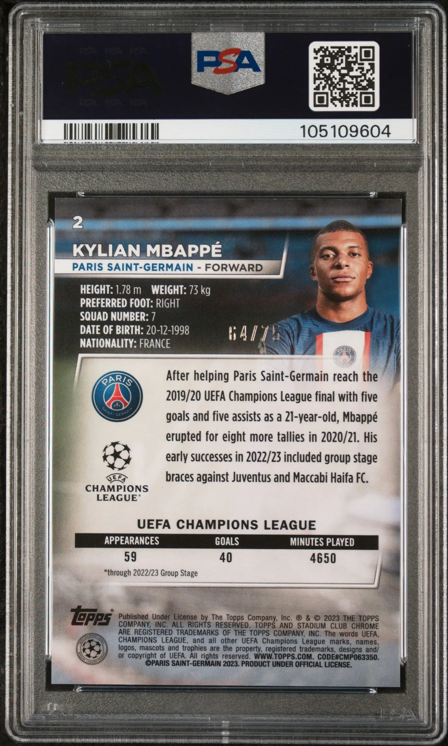 2022-23 Topps Stadium Club Chrome UCC Kylian Mbappe Sepia Wave PSA 10 /75 