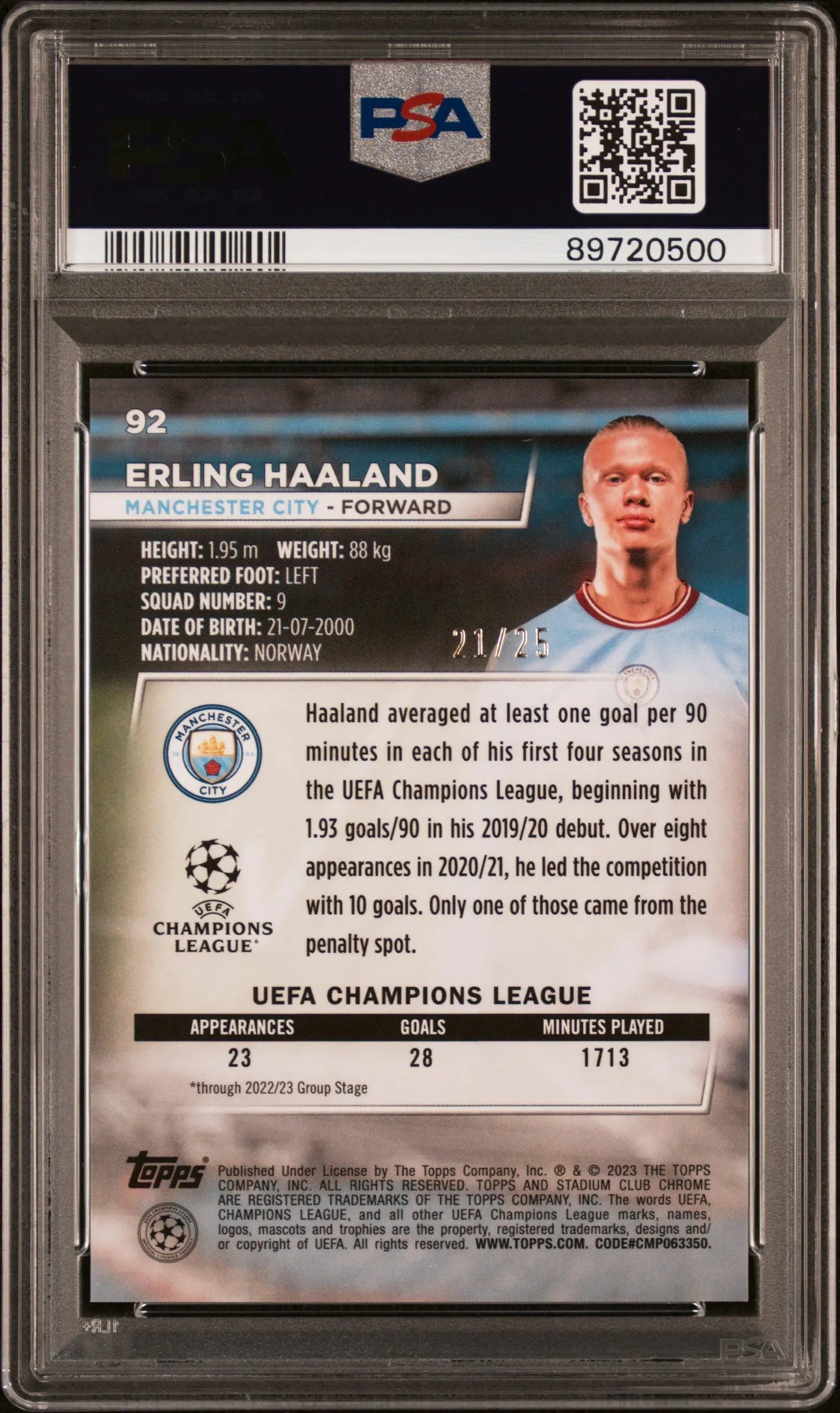 2022-23 Topps Stadium Club Chrome UEFA CC Erling Haaland Orange Wave PSA 10 /25 