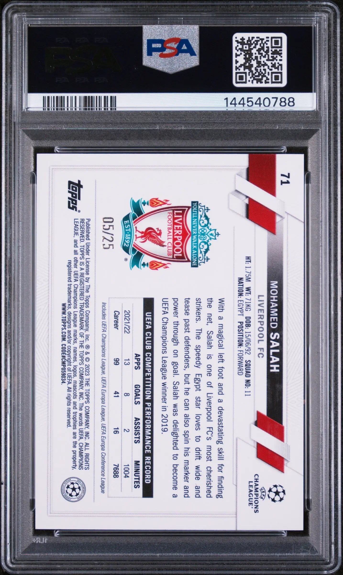 2022-23 Topps UCC Orange Foil Mohamed Salah /25 PSA 10 