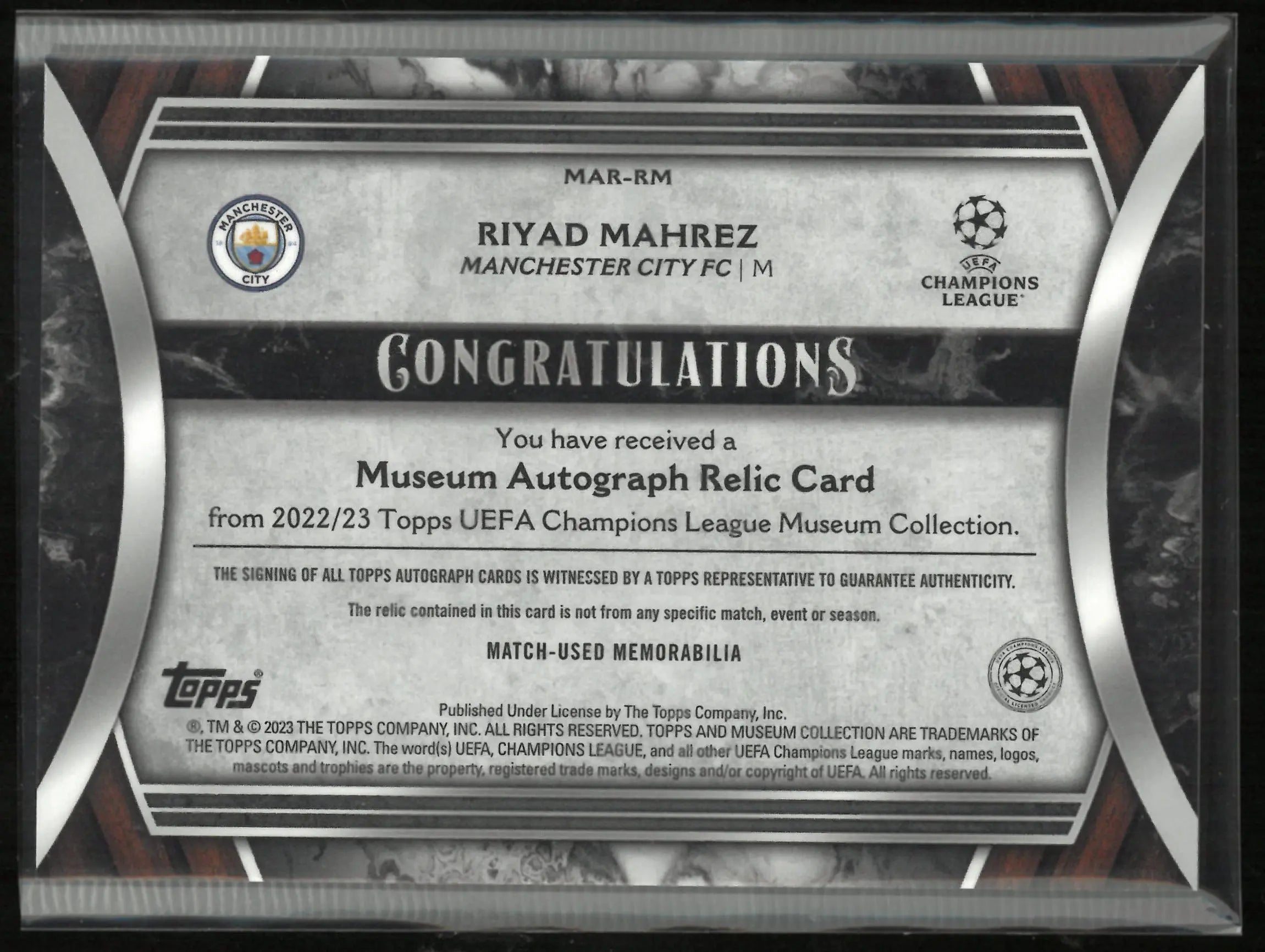 2022-23 Topps UEFA Champions League Museum Patch Autograph Riyad Mahrez /299 