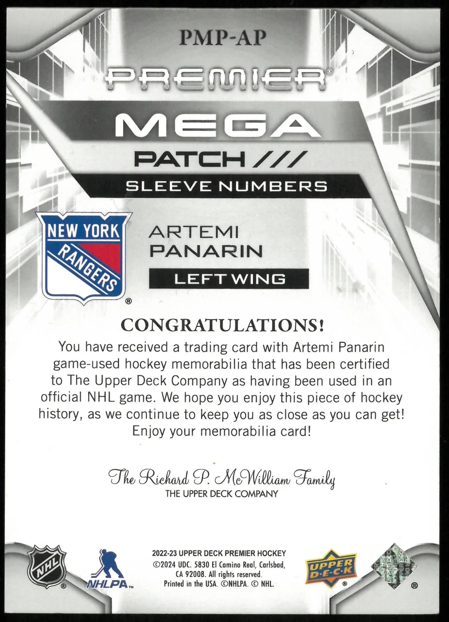 2022-23 UD Premier Hockey Artemi Panarin Mega Patch Sleeve Numbers /6 