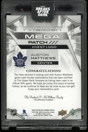 2022-23 UD Premier Hockey Auston Matthews Mega Patch Chest Logo /26 