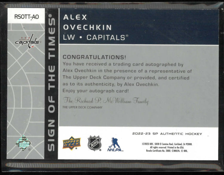 2022-23 UD SP Authentic Sign OF The Times Autograph Alexander Ovechkin Auto 