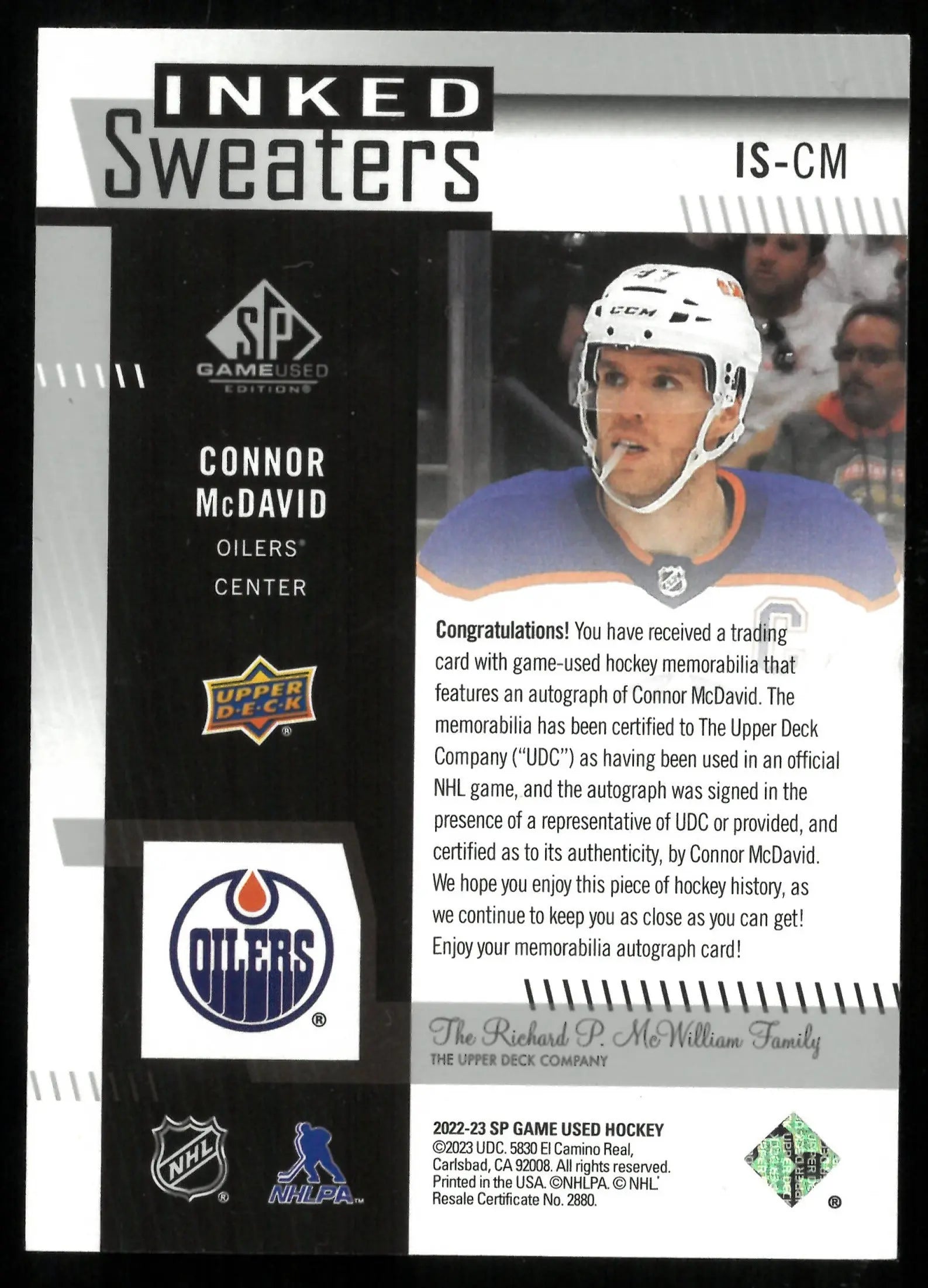 2022-23 UD SP Game Used Connor McDavid Inked Sweaters Patch Auto /15 