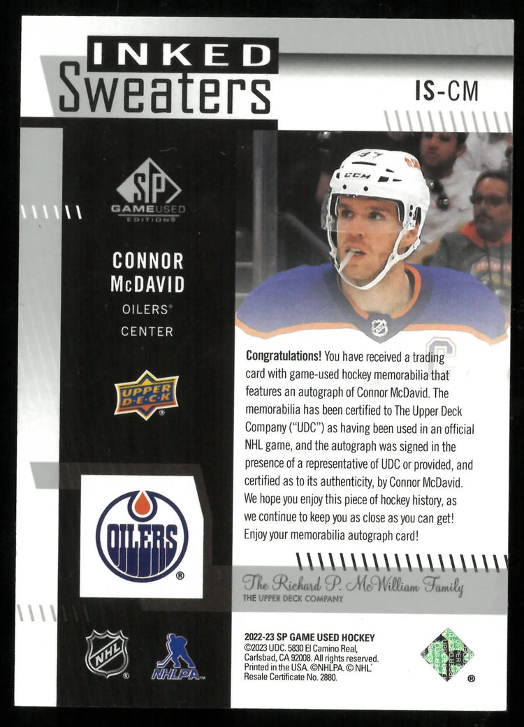 2022-23 UD SP Game Used Connor McDavid Inked Sweaters Patch Auto /15 