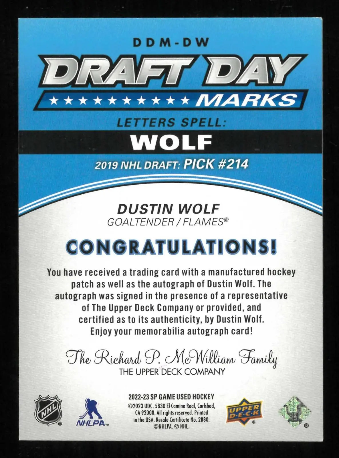 2022-23 UD SP Game Used Rookie Auto Patch Dustin Wolf RC Draft Day Marks /35 
