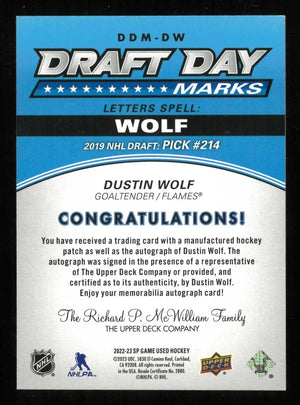 2022-23 UD SP Game Used Rookie Auto Patch Dustin Wolf RC Draft Day Marks /35 
