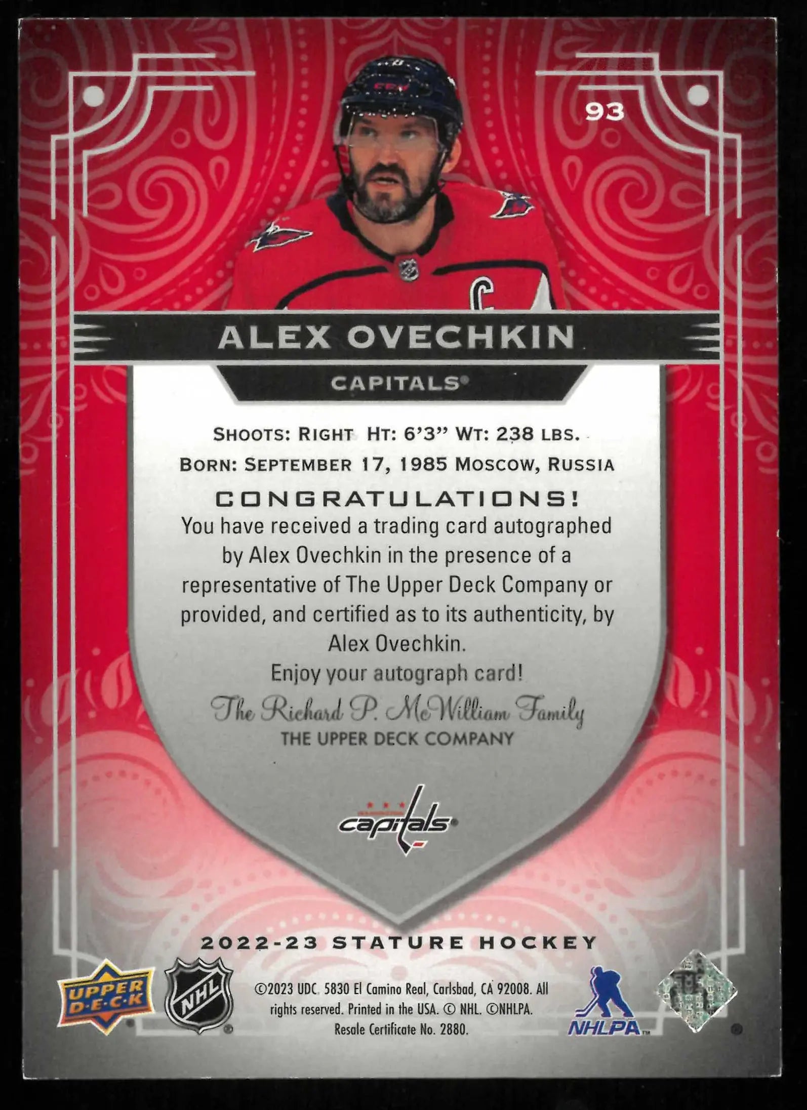 2022-23 UD Stature Hockey Autograph Alex Ovechkin Auto Design Variant Red /25 