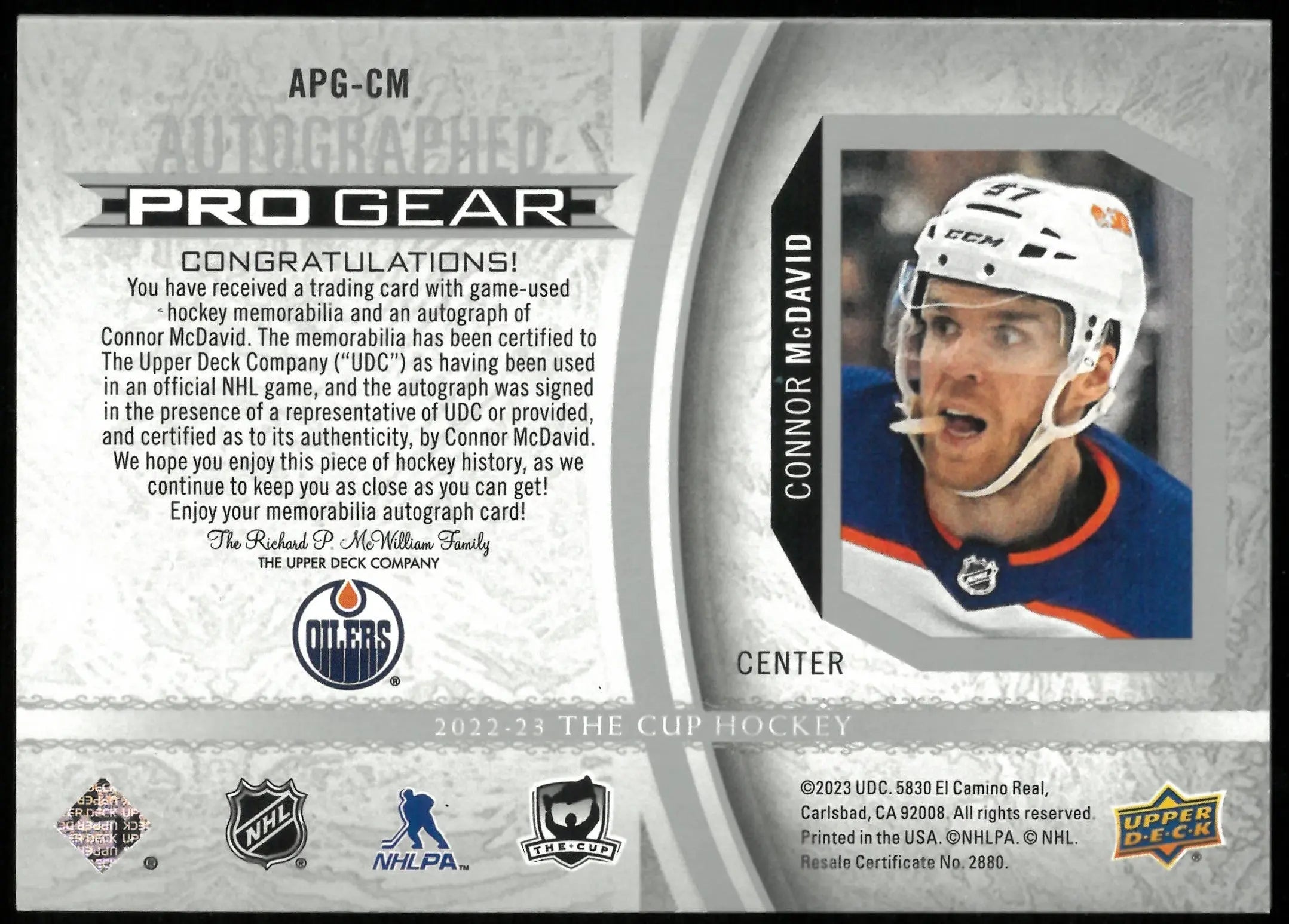 2022-23 UD The Cup Hockey Connor McDavid Dual Pro Gear Oil Drop Auto /12 