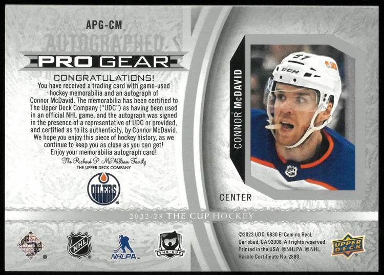 2022-23 UD The Cup Hockey Connor McDavid Dual Pro Gear Oil Drop Auto /12 