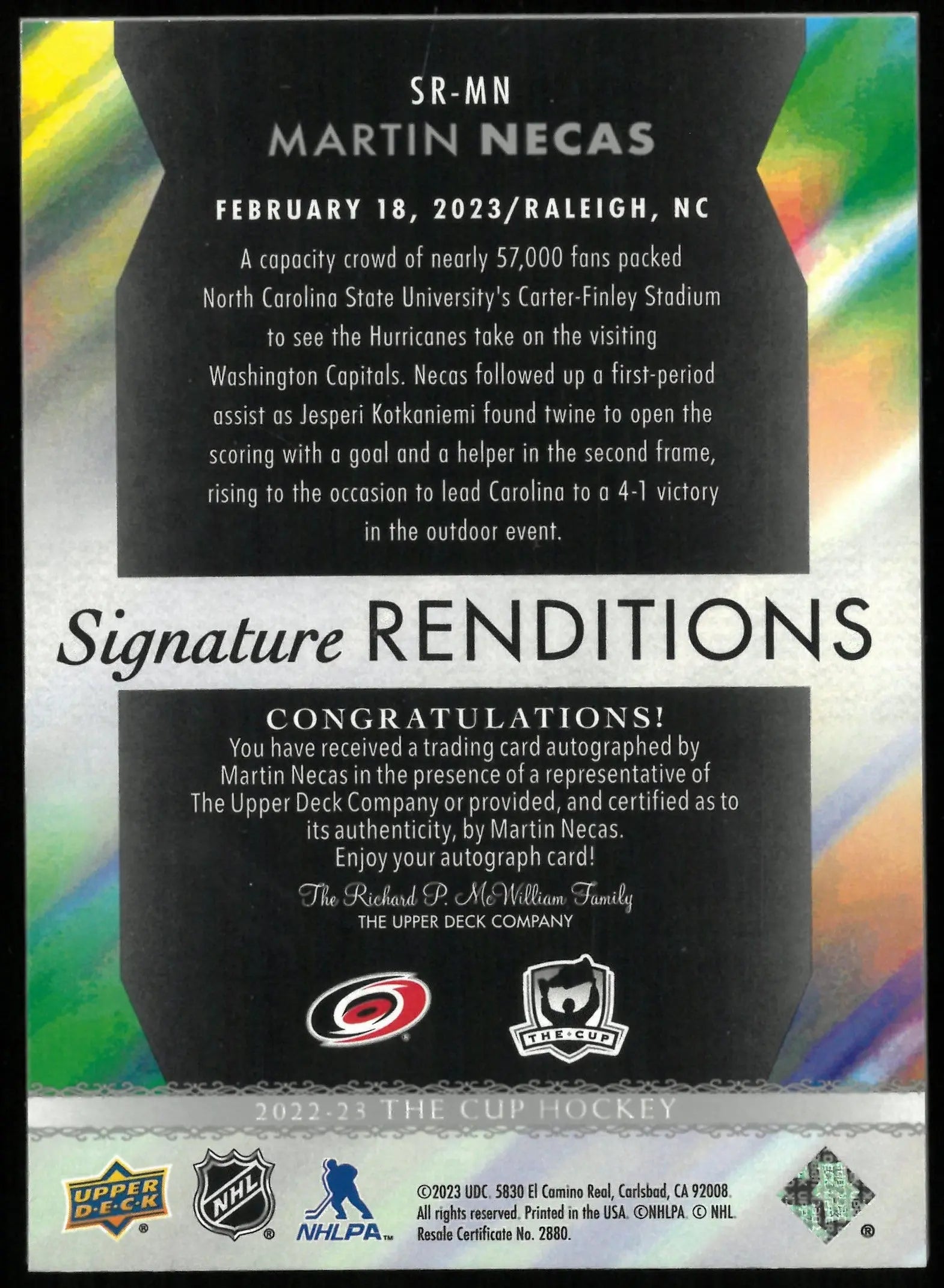 2022-23 UD The Cup Hockey Martin Necas Signature Renditions Auto SP 
