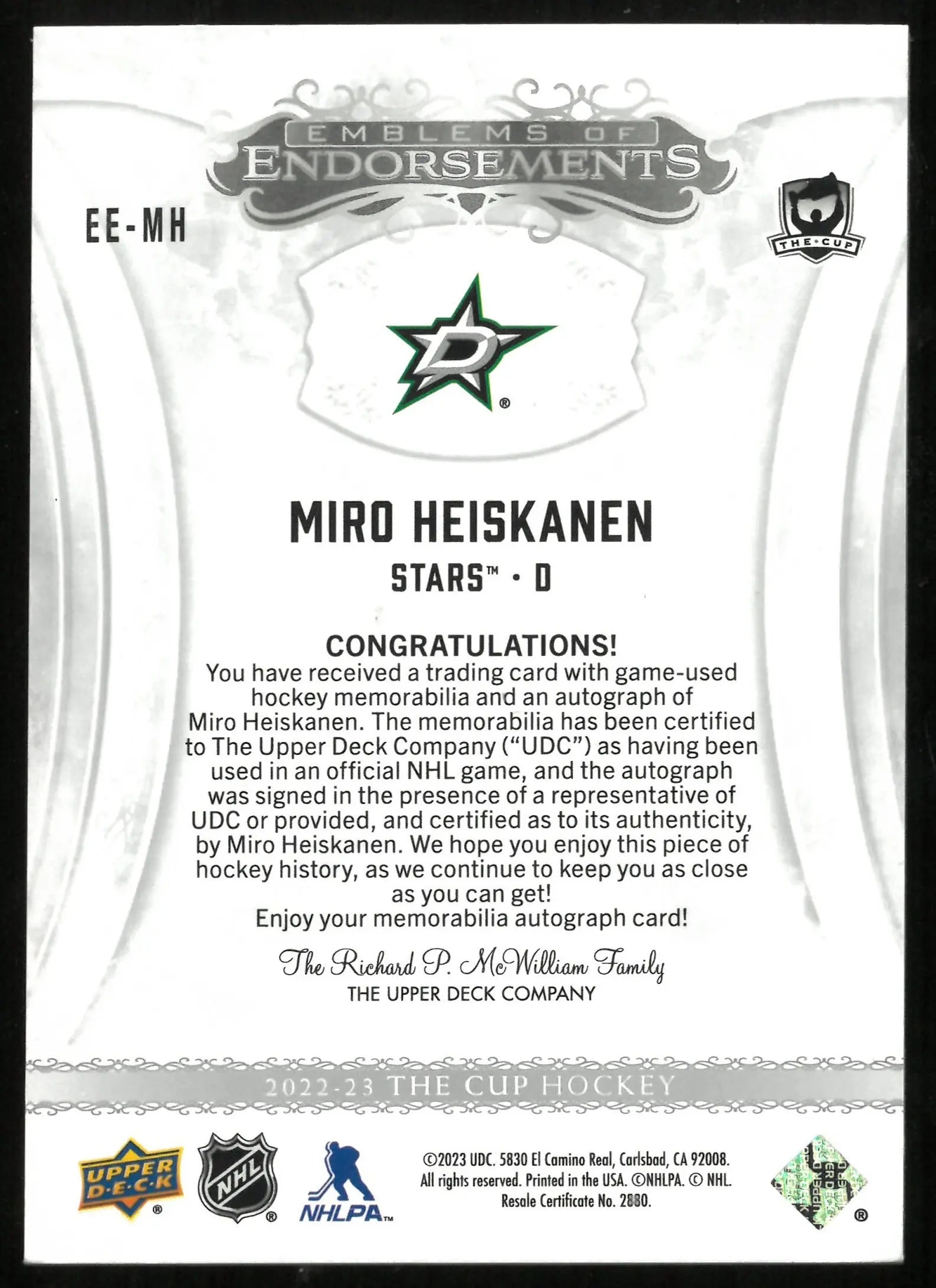 2022-23 UD The Cup Miro Heiskanen Emblems Of Endorsements Patch Auto /15 