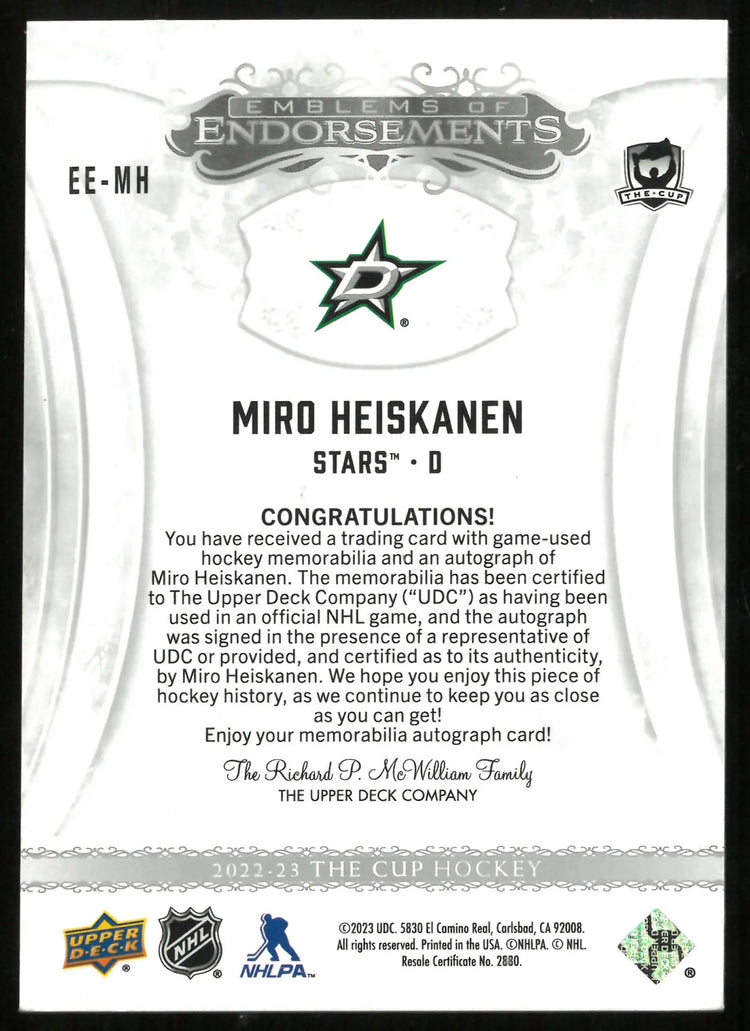 2022-23 UD The Cup Miro Heiskanen Emblems Of Endorsements Patch Auto /15 