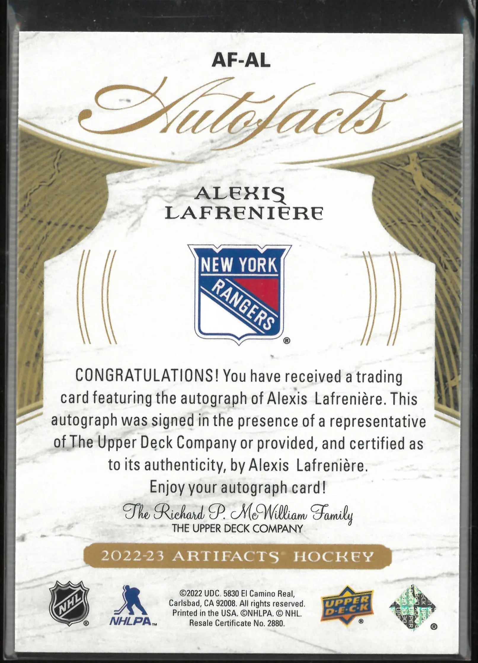 2022-23 Upper Deck Artifacts Autofacts Autograph Alexis Lafreniere Auto /85 