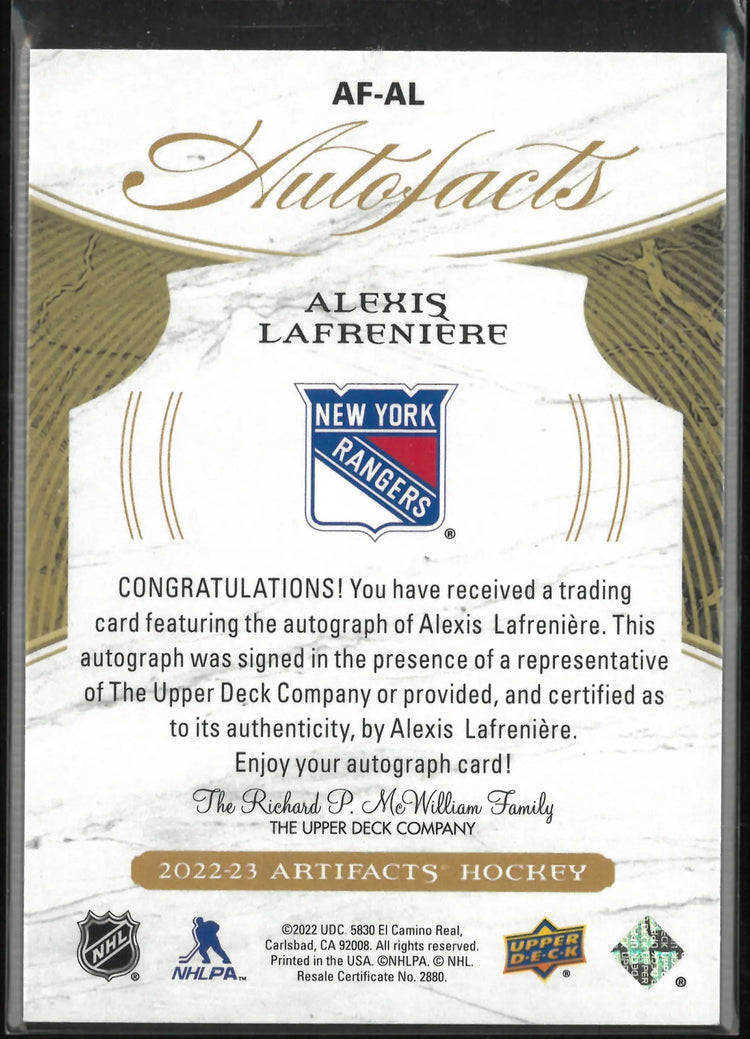2022-23 Upper Deck Artifacts Autofacts Autograph Alexis Lafreniere Auto /85 