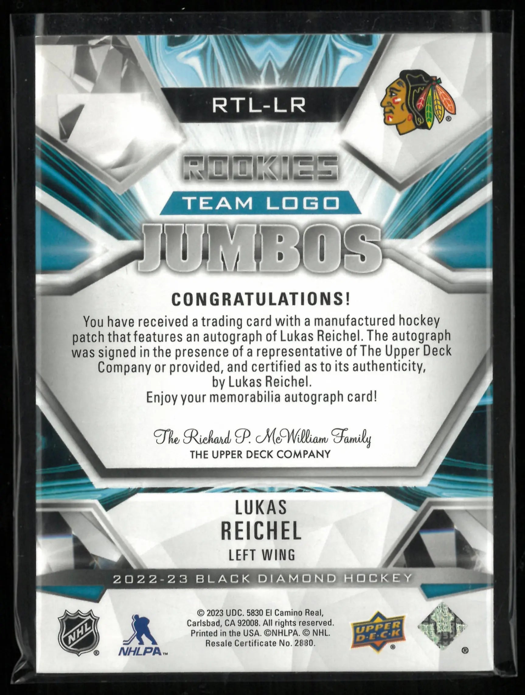2022-23 Upper Deck Black Diamond Rookies Team Logo Jumbos Lukas Reichel Autograph /49 