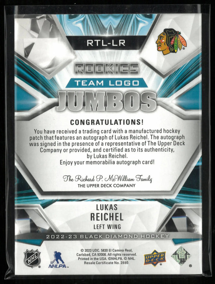 2022-23 Upper Deck Black Diamond Rookies Team Logo Jumbos Lukas Reichel Autograph /49 