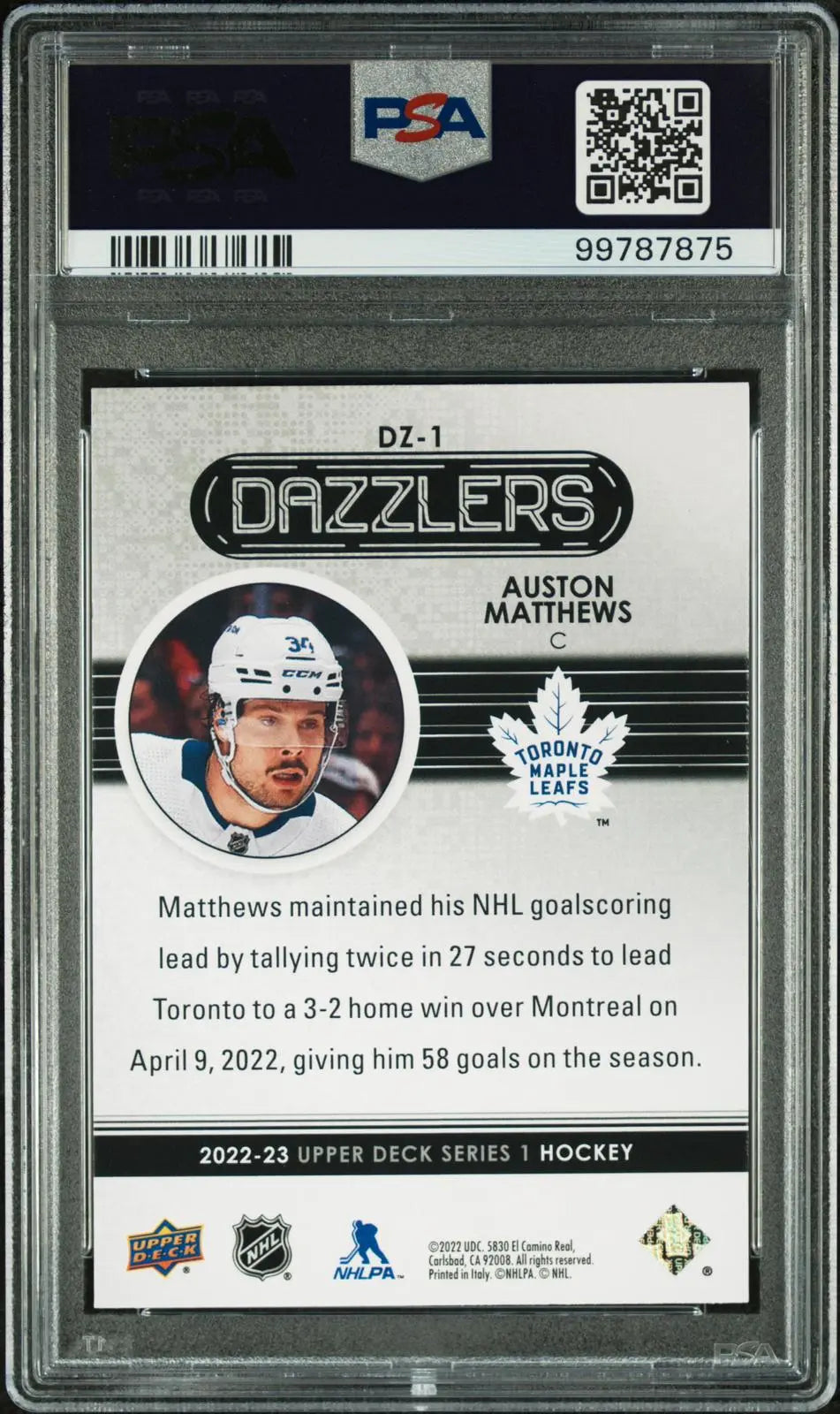 2022-23 Upper Deck Dazzlers Auston Matthews Dazzlers Pink PSA 10 