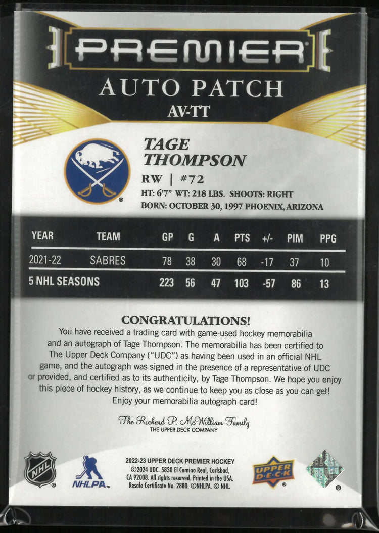 2022-23 Upper Deck Premier Auto Patch Tage Thompson 22/35 
