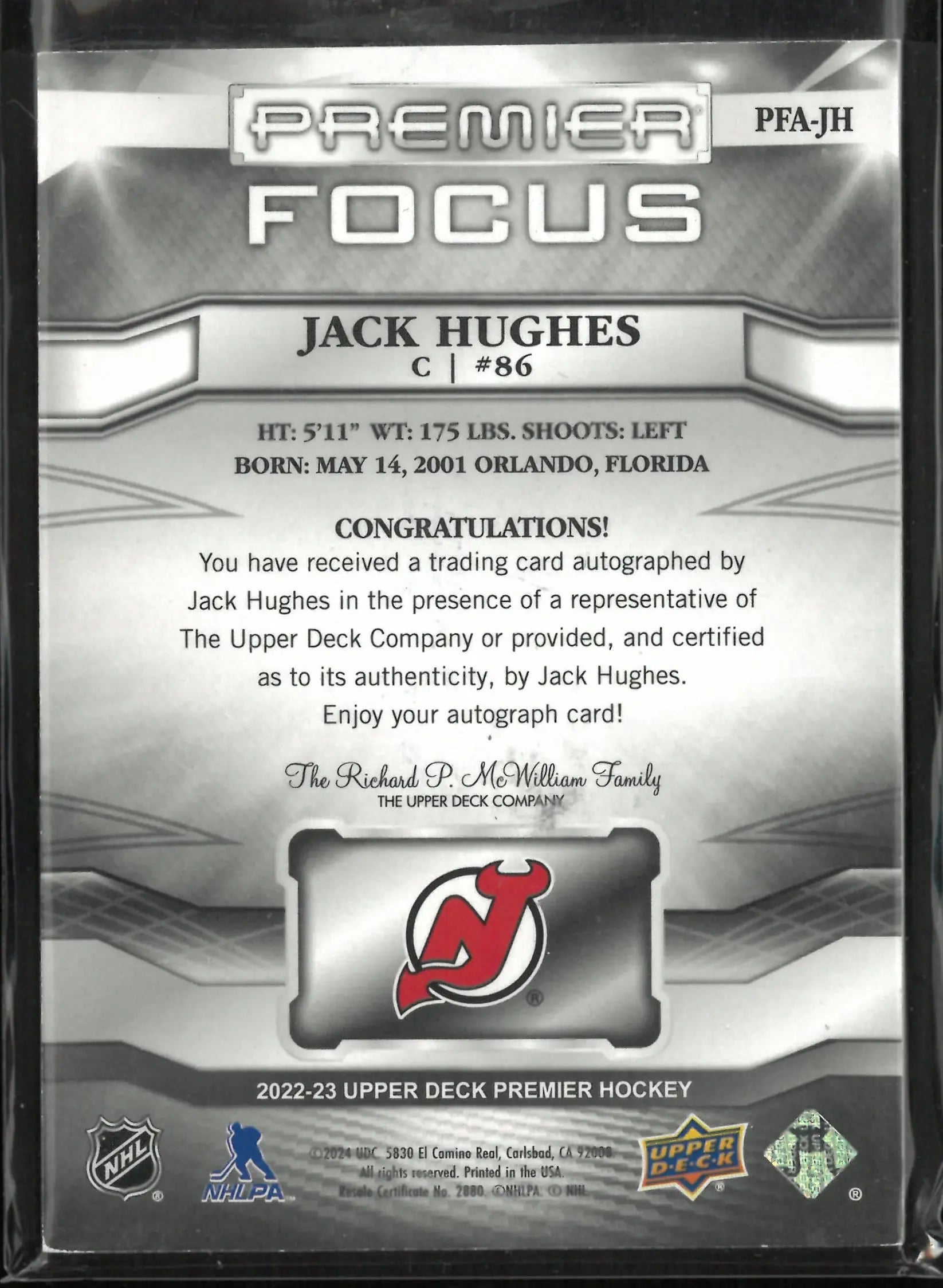 2022-23 Upper Deck Premier Focus Autograph Jack Hughes Auto /99 