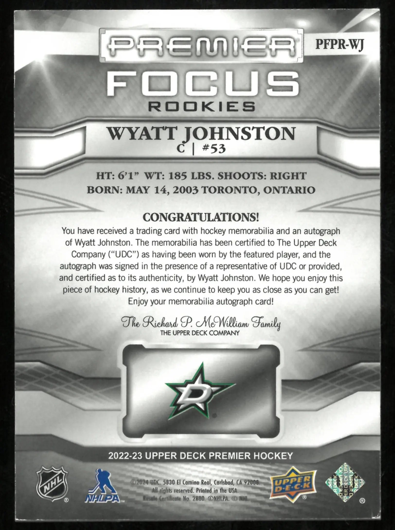 2022-23 Upper Deck Premier Focus Rookies Patch Auto Wyatt Johnston /125 