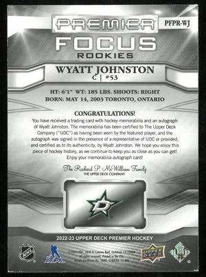 2022-23 Upper Deck Premier Focus Rookies Patch Auto Wyatt Johnston /125 