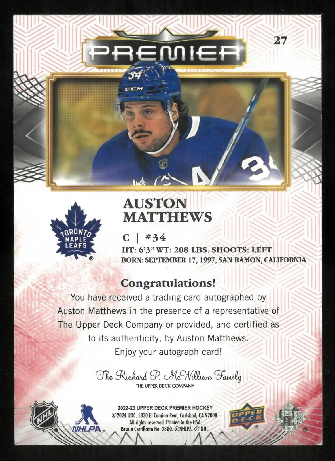 2022-23 Upper Deck Premier Hockey Autograph Auston Matthews Auto 