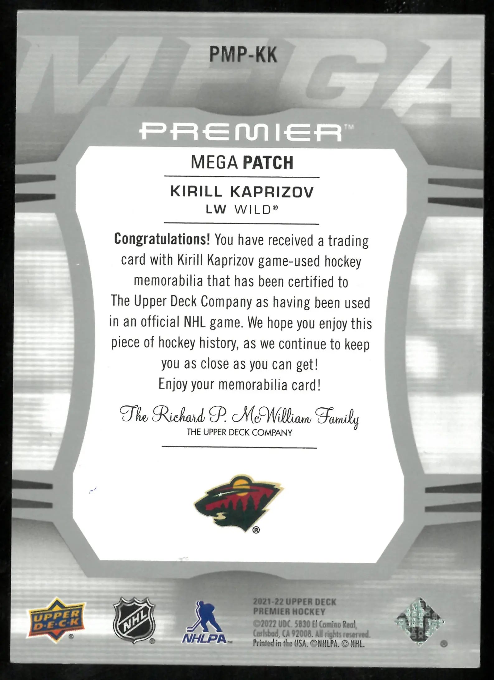 2022-23 Upper Deck Premier Kirill Kaprizov Mega Premier Patch 19/19 