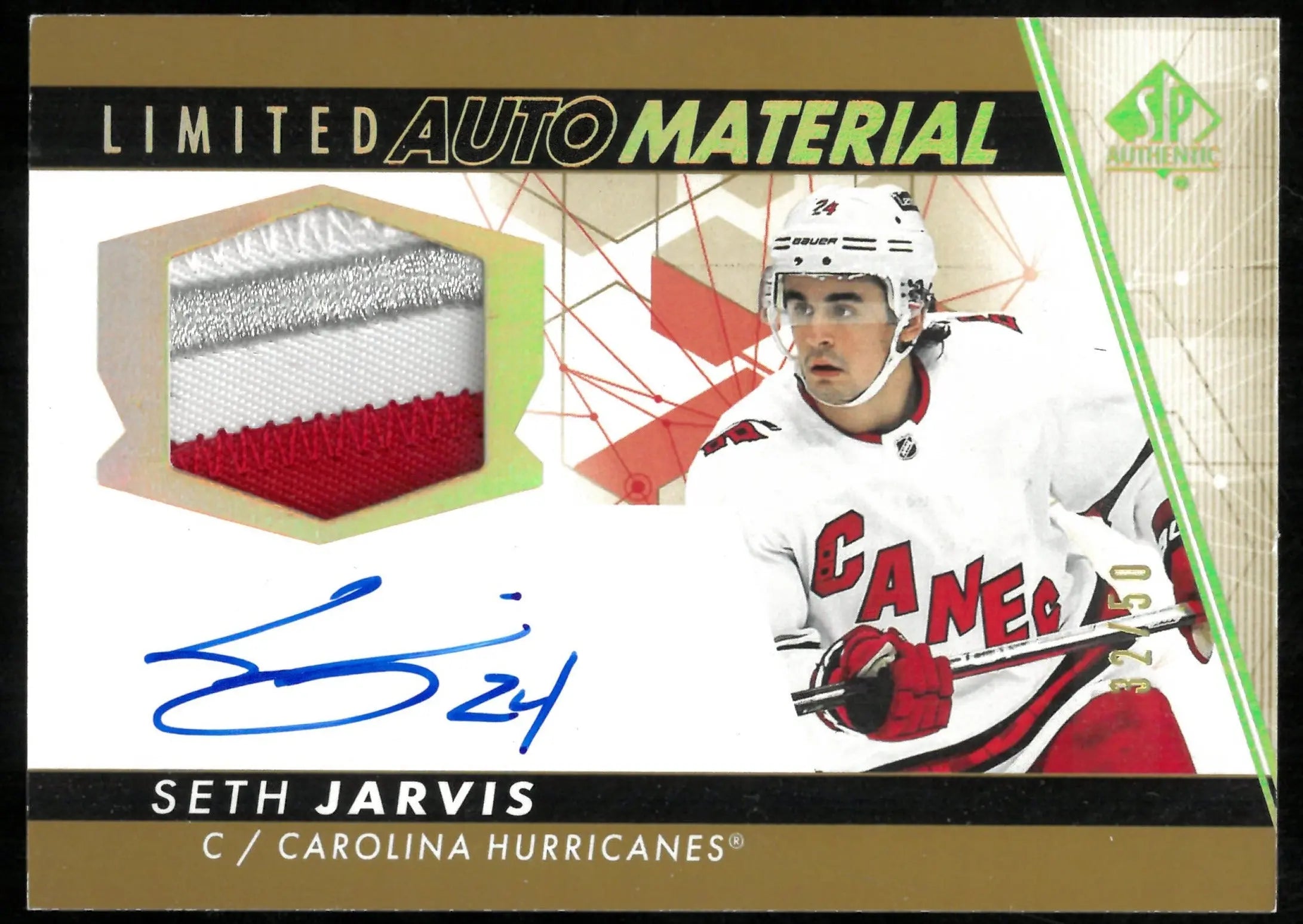 2022-23 Upper Deck SP Authentic Gold Limited Auto Material Patch Seth Jarvis /50 
