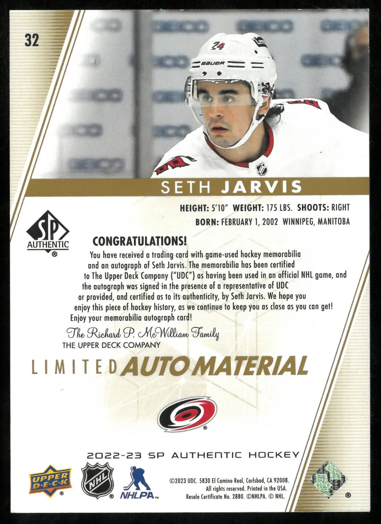 2022-23 Upper Deck SP Authentic Gold Limited Auto Material Patch Seth Jarvis /50 