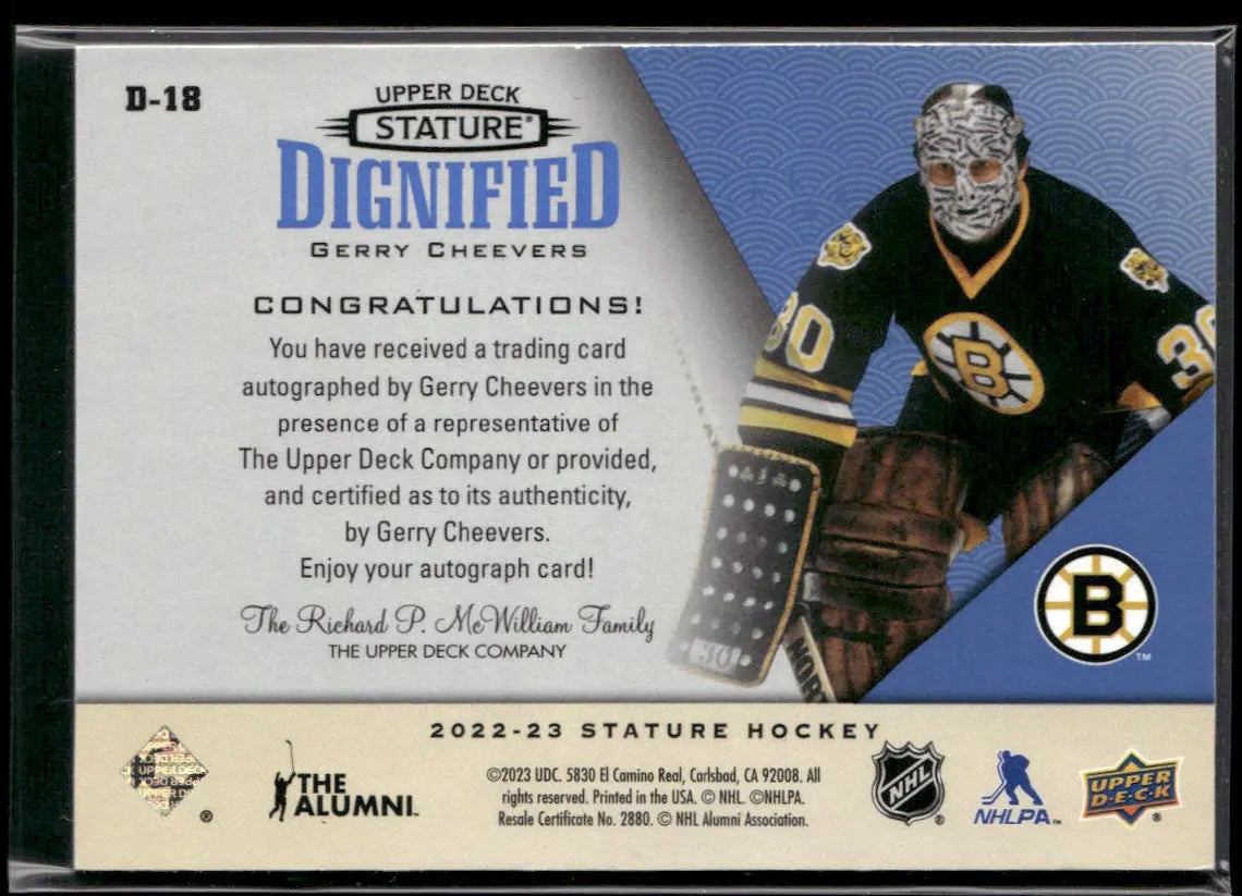 2022-23 Upper Deck Stature Blue Dignified Auto Gerry Cheevers /3 