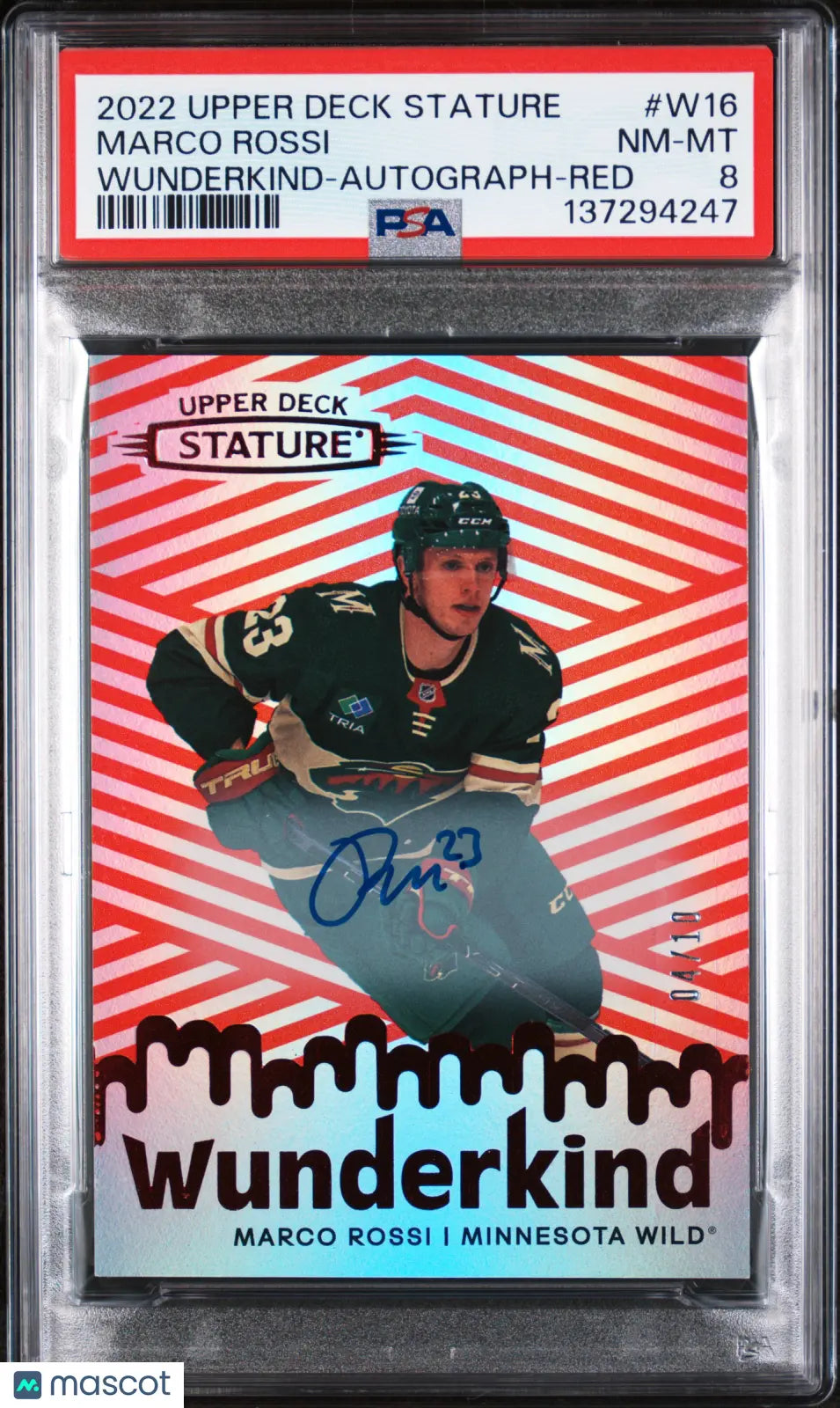 2022-23 Upper Deck Stature Wunderkind Red Auto Marco Rossi #W16 /10 PSA 8 