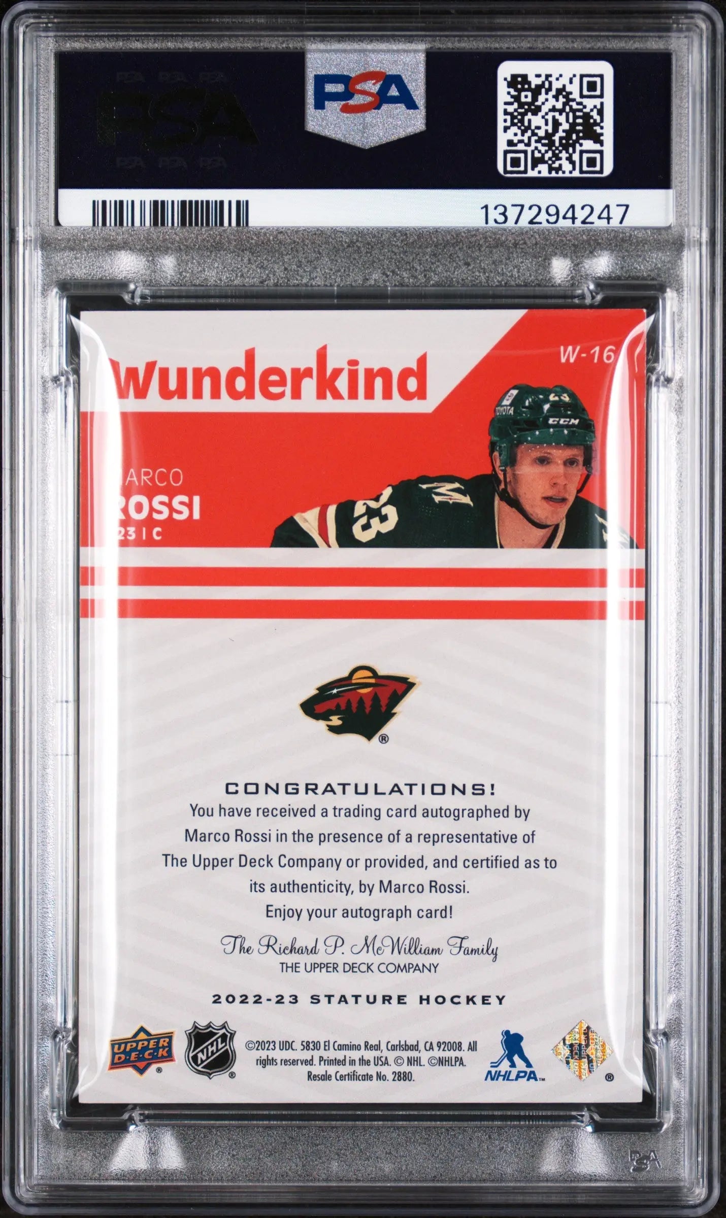 2022-23 Upper Deck Stature Wunderkind Red Auto Marco Rossi #W16 /10 PSA 8 