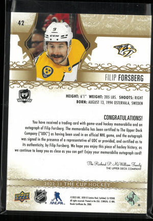 2022-23 Upper Deck The Cup Autograph Patch Filip Forsberg Auto Gold /8 