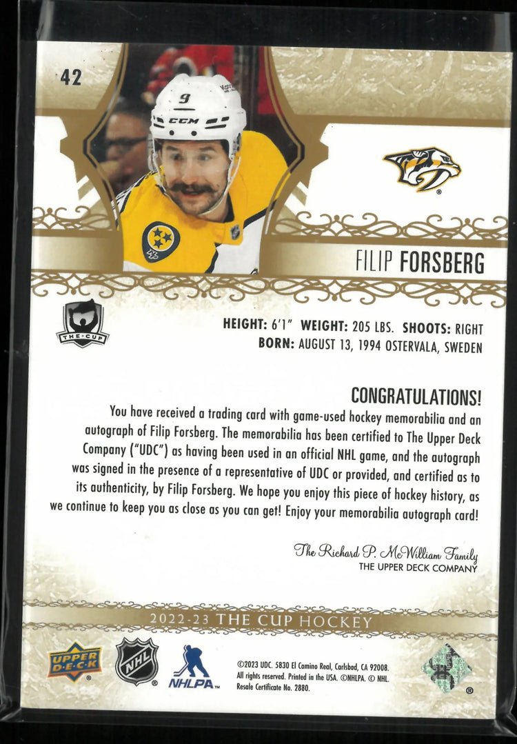 2022-23 Upper Deck The Cup Autograph Patch Filip Forsberg Auto Gold /8 