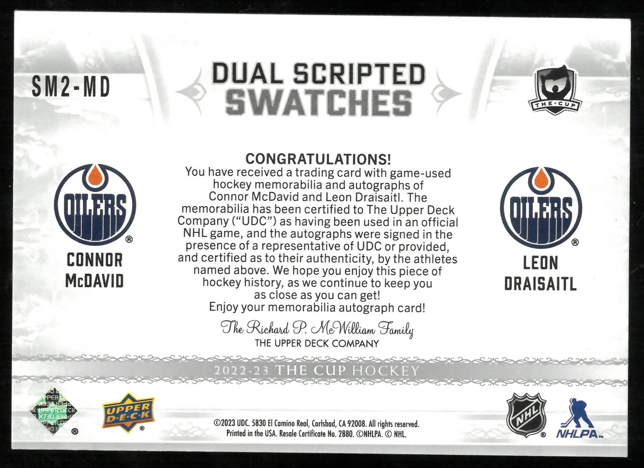2022-23 Upper Deck The Cup Dual Scripted Swatches Patch Auto Connor McDavid Leon Draisaitl / 15 