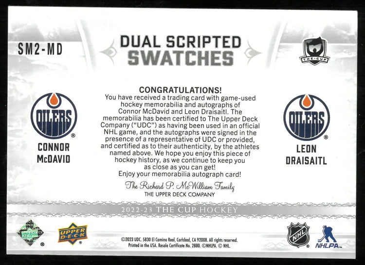 2022-23 Upper Deck The Cup Dual Scripted Swatches Patch Auto Connor McDavid Leon Draisaitl / 15 