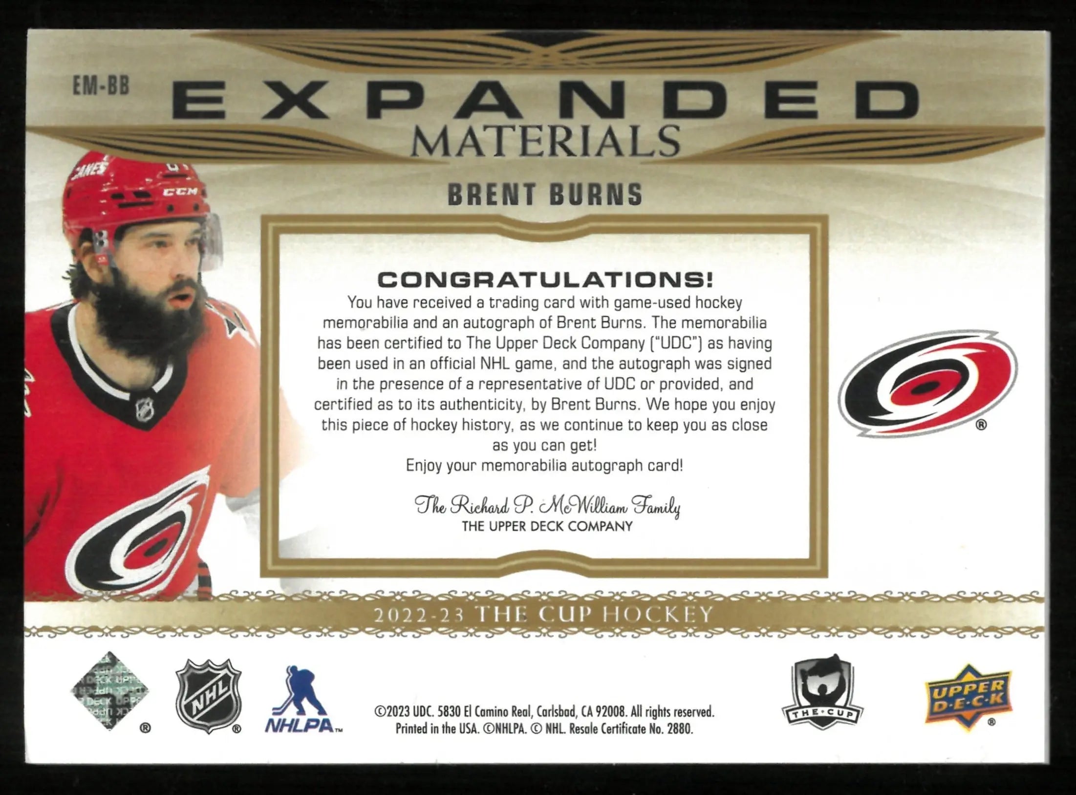 2022-23 Upper Deck The Cup Expanded Materials Patch Auto Brent Burns /25 